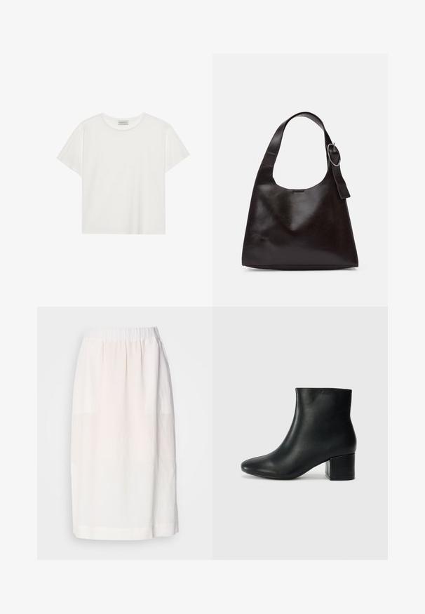 Balts īsām piedurknēm T-krekls, kas izgatavots no mīksta kokvilnas. Tam ir apaļš izgriezums un brīvs piegriezums. Tīrs dizains bez redzamām rakstiem vai akcentiem.; Gaiši bež svārki, kas izgatavoti no mīksta auduma, ar elastīgu jostasvīru un taisnu siluetu. Gluda tekstūra bez redzamām rakstu detaļām.; Melna ādas potīšu zābaki ar smailu purngalu un masīlu papēdi. Gluda tekstūra ar minimāliem akcentiem un gludu, pieguļošu dizainu.; Brūns ādas plecu soma ar gludu tekstūru, noapaļu formu, platu jostu un apaļu metāla akcentu uz roktura.