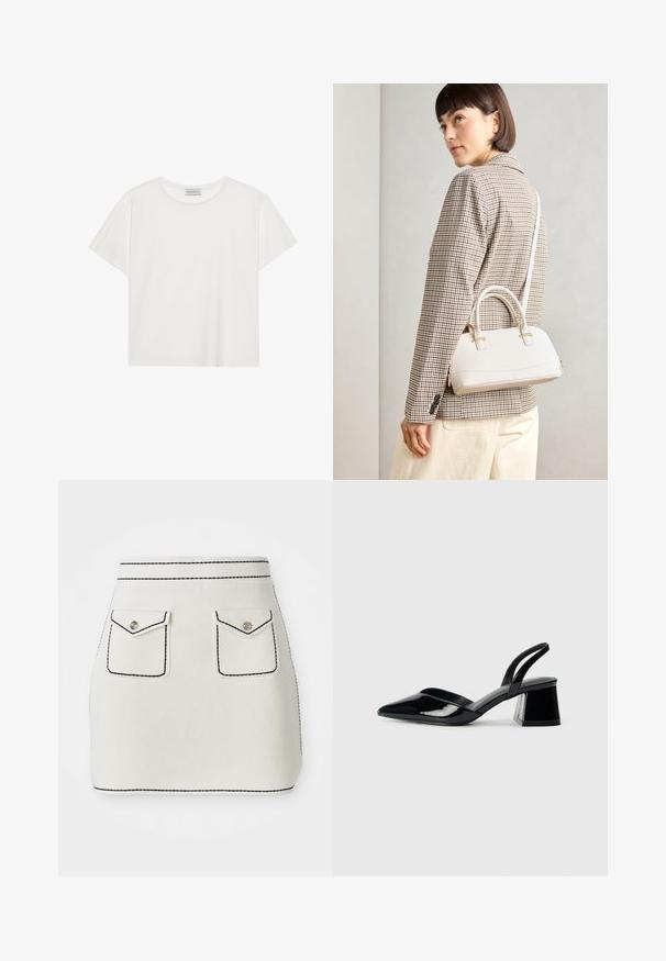 Hvid kortærmet T-shirt lavet af blødt bomuld. Har en rund halsudskæring og en afslappet pasform. Rent design uden synlige mønstre eller accenter.; Hvid stof mini nederdel med sort syning, der har to frontlommer med klapper og sølvknap detaljer. Glat tekstur med struktureret form.; Sorte patentlæder slingback hæle med spids tå og en geometrisk blok hæl. Har et elegant, minimalistisk design og en glat tekstur.; Hvid struktureret taske med korte håndtag og en skulderrem, prydet med guldfarvede hardwaredetaljer og tekstureret materiale, præsenteret mod en grå baggrund.