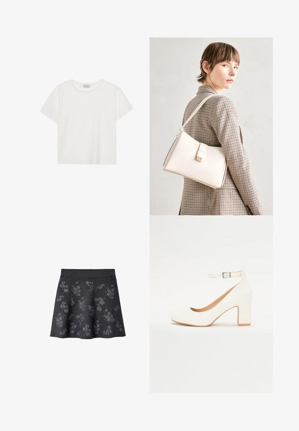 Weißes T-Shirt mit kurzen Ärmeln aus weicher Baumwolle. Verfügt über einen runden Halsausschnitt und eine lockere Passform. Sauberes Design ohne sichtbare Muster oder Akzente.; Dunkelgrauer ausgestellter Rock mit einem strukturierten Muster aus hellgrauen Blumendesigns. Verfügt über einen glatten Bund und weiches Material.; Weißer High-Heel-Schuh mit spitzem Zehenbereich, Blockabsatz und Knöchelriemen. Glatte Oberfläche mit dezentem Glanz und beigem Innenfutter.; Weiße Lederhandtasche mit strukturiertem Design, ausgestattet mit einem Magnetverschluss und einem Schulterriemen, präsentiert vor einem neutralen Hintergrund.