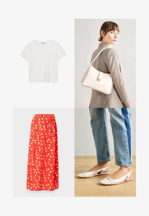 Balts īsām piedurknēm T-krekls, kas izgatavots no mīksta kokvilnas. Tam ir apaļš izgriezums un brīvs piegriezums. Tīrs dizains bez redzamām rakstiem vai akcentiem.; Sarkans maksi svārki, kas izgatavoti no viegla auduma, ar ziedu rakstu, kas rotāts ar dzeltenām pākšpuķēm un melniem akcentiem. Elastīga josta komfortam.; Bālti rozā siksniņu dzīvokļi ar smailu purngalu, izgatavoti no gludas ādas līdzīgās materiāla. Iezīmē izgriezumu detaļas sānos un platu papēdi.; Balta ādas rokassoma ar strukturētu dizainu, kurai ir magnētiska aizdare un plecu josta, parādīta uz neitrāla fona.