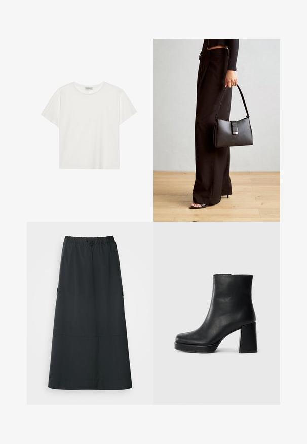 Balta trumpa rankovė T-marškiniai, pagaminti iš minkštos medvilnės. Charakterizuojami apvali kaklo iškirpte ir laisvu siluetu. Švarus dizainas be matomų raštų ar akcentų.; Ecoalf SKIRT WOMAN - Trapecinis sijonas - black; Juodas odinis kulkšninis botas su bloku ir platformos padu, matomas šoniniu vaizdu ant balto fono.; Juodas rankinė struktūrizuota forma, lygi tekstūra ir metalinis užsegimas. Suporuota su plačiomis juodomis kelnėmis ir atvirais bateliais ant medinių grindų.