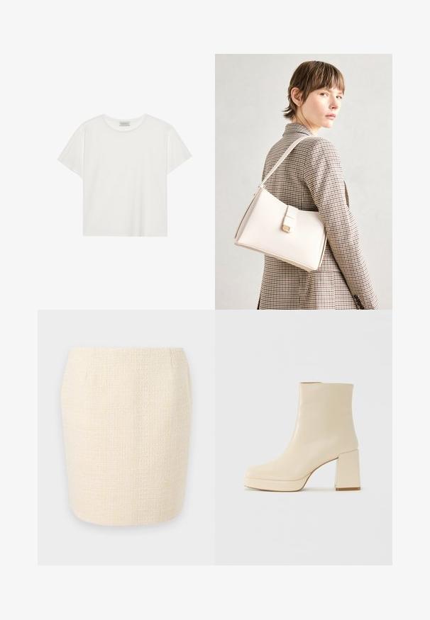 Fehér, rövid ujjú póló, puha pamutból készült. Kerek nyakkivágással és laza szabással rendelkezik. Tiszta dizájn, látható minták vagy díszítések nélkül.; Szőtt, krémszínű ceruzaszoknya texturált felülettel, egyenes siluettel és diszkrét függőleges vonalakkal.; Beige bőr bokacsizma bársonyos felülettel, tömbsarokkal és platform talppal, enyhén szögletes orral, balra nézve, fehér háttér előtt.; Fehér bőr táska strukturált dizájnnal, mágneses záródással és vállpánttal, semleges háttér előtt bemutatva.