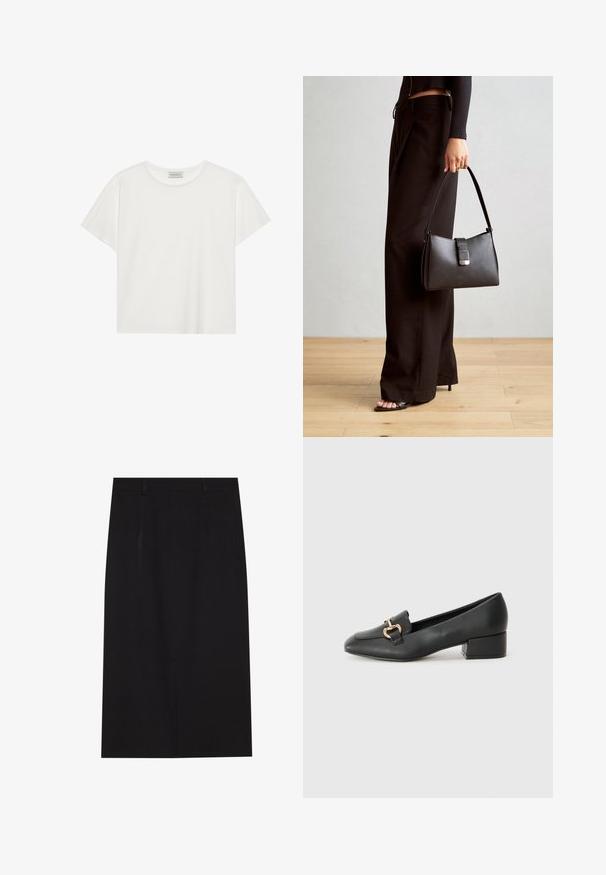 Bijela kratkodlaka majica od mekog pamuka. Ima okrugli izrez i opušteni kroj. Čist dizajn bez vidljivih uzoraka ili akcenata.; Crna olovka suknja do koljena izrađena od glatkog materijala. Značajka je čist dizajn s dvije prednje šave i skrivenim patentnim zatvaračem na stražnjoj strani.; Crne kožne mokasine s ravnim potplatom, s dekorativnim zlatnim detaljem sprijeda i glatkom teksturom.; Crna torba s oblikom koji sadrži strukturu, glađu teksturu i metalnu kopču. Uparena s širokim crnim hlačama i sandalama na otvorenom s drvenog poda.