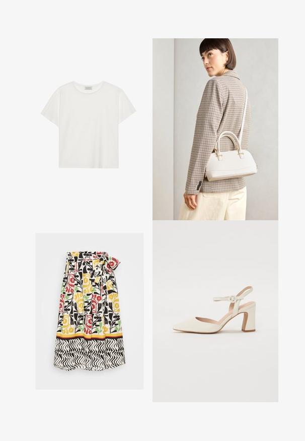 Hvid kortærmet T-shirt lavet af blødt bomuld. Har en rund halsudskæring og en afslappet pasform. Rent design uden synlige mønstre eller accenter.; Blomstermønstret nederdel med læg, i farverne rød, gul, grøn og sort på en hvid baggrund. Inkluderer en bølget kant i sort og hvid.; Spidsede, cremefarvede pumps med en blokhælhæl. Udstyret med en tynd ankelrem med en rund spænde og en glat læderoverflade.; Hvid struktureret taske med korte håndtag og en skulderrem, prydet med guldfarvede hardwaredetaljer og tekstureret materiale, præsenteret mod en grå baggrund.