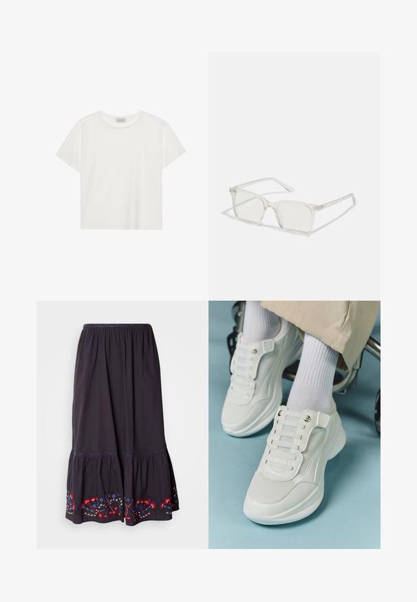 T-shirt blanc à manches courtes en coton doux. Présente un col rond et une coupe décontractée. Design épuré sans motifs ni accents visibles.; Jupe en coton gris foncé avec un design à volants et des accents floraux brodés en rouge, bleu et jaune sur l'ourlet. Taille élastique.; Baskets blanches avec un matériau en maille, semelle en caoutchouc, design sans lacets avec des bandes élastiques et accents dorés.; Lunettes carrées en plastique transparent avec des verres translucides, dotées d'accents dorés sur les branches pour plus de détails.
