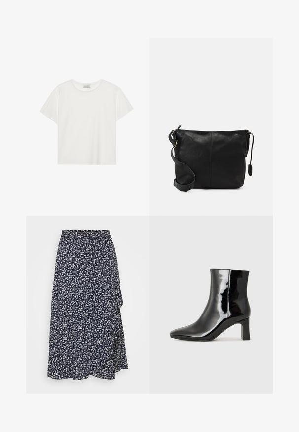 White short-sleeve T-shirt made of soft cotton. Features a round neckline and relaxed fit. Clean design with no visible patterns or accents.; Navy floral skirt with a gathered elastic waistband, featuring a white flower pattern, lightweight fabric, and a flowing silhouette.; Black patent leather ankle boot with a pointed toe and a mid-height block heel. Smooth texture and minimalist design.; Black leather crossbody bag with a flat shape, gold hardware accents, and an adjustable strap. Smooth texture with minimal stitching details.