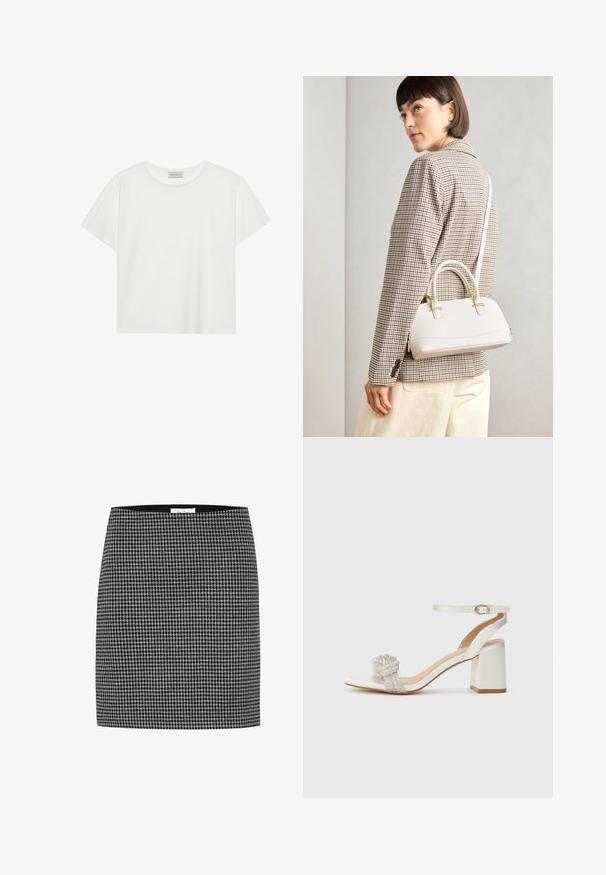 Weißes T-Shirt mit kurzen Ärmeln aus weicher Baumwolle. Verfügt über einen runden Halsausschnitt und eine lockere Passform. Sauberes Design ohne sichtbare Muster oder Akzente.; Schwarzer und weißer Hahnentrittmuster-Rock mit figurbetontem Schnitt, glatter Textur und einem Taillenbund. Keine sichtbaren Beschläge oder Muster über das Hahnentrittmuster hinaus.; Weißer Offene-Toe-Sandalette mit dicker Blockabsatz, ausgestattet mit einem strukturierten Glitzerband über dem Fuß und einem verstellbaren Knöchelriemen.; Weiße strukturierte Handtasche mit kurzen Griffen und einem Schultergurt, ausgestattet mit goldfarbenen Hardware-Elementen und strukturiertem Material, vor einem grauen Hintergrund präsentiert.