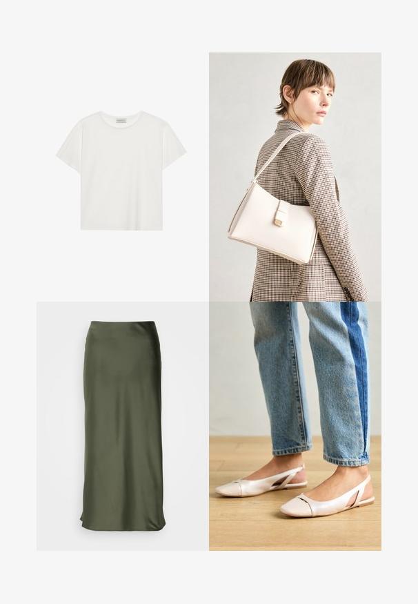 Fehér, rövid ujjú póló, puha pamutból készült. Kerek nyakkivágással és laza szabással rendelkezik. Tiszta dizájn, látható minták vagy díszítések nélkül.; Lindex MARIA - A-vonalú szoknya - dark dusty khaki; Világos rózsaszín slingback laposlábú cipők, hegyes orral, sima bőrhatású anyagból készült. Oldalt kivágott részletek találhatók rajta, valamint lapos sarkú.; Fehér bőr táska strukturált dizájnnal, mágneses záródással és vállpánttal, semleges háttér előtt bemutatva.