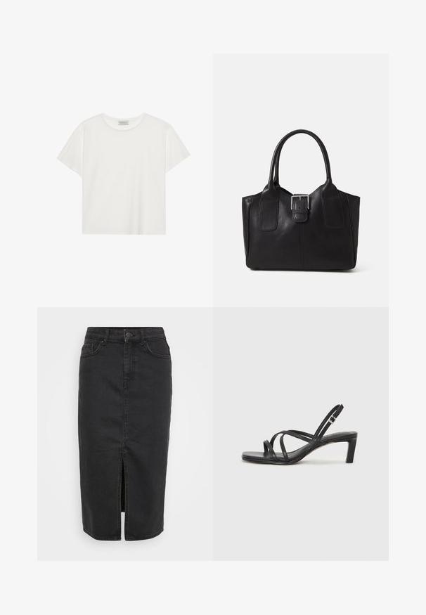 Hvit T-skjorte med kort erm laget av myk bomull. Har rund hals og avslappet passform. Rent design uten synlige mønstre eller aksenter.; Svart denimskjørt med mid-lengde design, frontslitt og klassisk fem-lommestil. Har knappelukking og beltehemper.; Sorte sandaler med stropper, firkantet tå og lav blokk hæl. Har flere tynne stropper og en justerbar ankelstropp. Laget av glatt lær.; Svart skinn toteveske med jevn tekstur, strukturert form, to håndtak og en fremtredende sølvspenne foran.