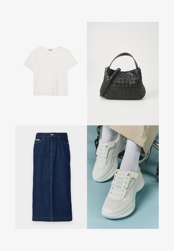 Bílé tričko s krátkým rukávem vyrobené z měkké bavlny. Má kulatý výstřih a volný střih. Čistý design bez viditelných vzorů nebo akcentů.; Džínová sukně v tmavě modré barvě se skladem, má oranžové prošívání, pas s poutky na pásek a přední kapsy.; Bílé tenisky s materiálem z mešové tkaniny, gumovou podrážkou, bezšňůrovým designem s elastickými pásky a zlatými akcenty.; Černá tkaná kožená kabelka se zaobleným tvarem, která má horní uchopení a odnímatelný popruh. Hladký povrch a jemné detaily stehu.