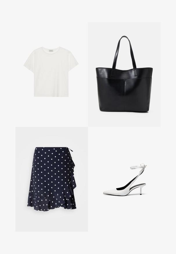 Valkoinen lyhythihainen T-paita, joka on valmistettu pehmeästä puuvillasta. Siinä on pyöreä kaula-aukko ja rento istuvuus. Siisti muotoilu ilman näkyviä kuvioita tai yksityiskohtia.; GANT DOT PRINT FRILL SKIRT - Kietaisuhame - evening blue; Valkoiset teräväkärkiset slingback-kengät, joissa on ohut nilkkahihna. Tasainen nahkamateriaali, ohut piikkikorko ja musta sisävuori.; Musta nahkainen kassi, jossa on kaksi pitkää kahvaa, sileä pinta ja jämäkkä muoto. Sisältää etutaskun lisävarastointia varten.