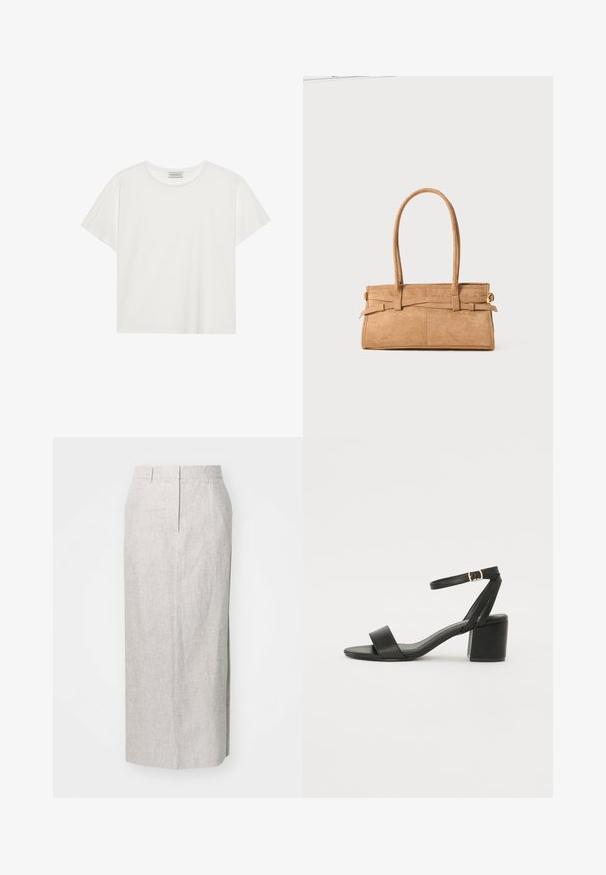 Witte T-shirt met korte mouwen, gemaakt van zachte katoen. Heeft een ronde halslijn en een relaxte pasvorm. Schoon ontwerp zonder zichtbare patronen of accenten.; Lichtgrijze, knielange kokerrok van textuurstof, met een aangesloten taille, subtiele naaddetails en zonder zichtbare sluitingen.; Zwarte hoge sandaal met een soepel leren bovenkant, een open teen, brede voorkruisbanden en een verstelbare enkelband met een gouden gespdetail.; Tan suède handtas met twee lange hengsels, rechthoekige vorm en decoratieve stiksels. Beschikt over een zijriem en subtiele gouden hardware accenten.