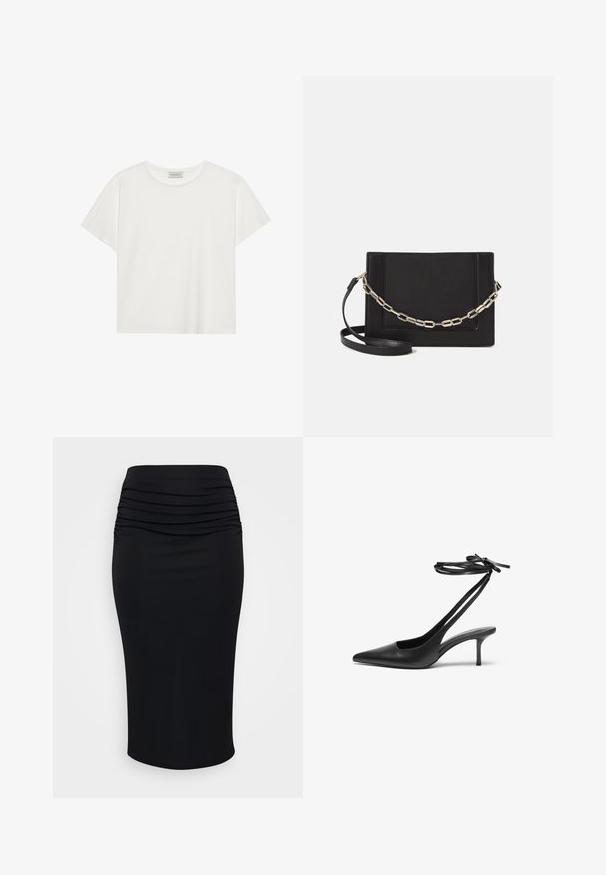 Biele tričko s krátkymi rukávmi vyrobené z jemnej bavlny. Má okrúhly výstrih a voľný strih. Čistý dizajn bez viditeľných vzorov alebo akcentov.; Čierna sukňa s vysokým pásom a zberanou textúrou, vyrobená z elastického materiálu. Hladký povrch, sukňa po kolená bez viditeľného kovania.; Čierne kožené stiletto topánky s špicatou špičkou, otvorenou zadnou časťou a remienkami na členku viazanými do mašle. Úzky 3-palcový opätok. Hladká textura, minimalistický dizajn.; Čierna kožená crossbody taška s hladkou textúrou, obdĺžnikovým tvarom a kovovým reťazovým detailom na prednej strane. Súčasťou je nastaviteľný popruh.