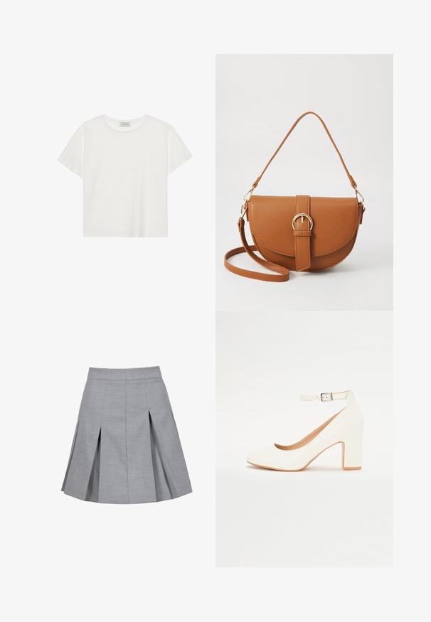 Bílé tričko s krátkým rukávem vyrobené z měkké bavlny. Má kulatý výstřih a volný střih. Čistý design bez viditelných vzorů nebo akcentů.; Šedá skládací sukně vyrobená z texturované látky, s přiléhavým pasem a rozšířeným lemem, na každé straně se dvěma diagonálními sklady.; Bílé lodičky na vysokém podpatku s špičatou špičkou, blokovým podpatkem a páskem kolem kotníku. Hladký povrch s jemným leskem a béžovým vnitřním podšíváním.; Hnědá kožená křížová taška s zakřiveným tvarem, zlatými detaily a akcentem s přezkou. Obsahuje odnímatelný popruh na rameno.