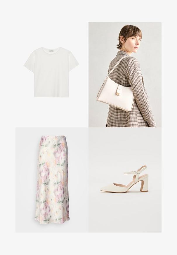 Valge lühikeste varrukatega t-särk, mis on valmistatud pehmest puuvillast. Omab ümmargust kaelust ja mugavat lõiget. Puhtad jooned, ilma nähtavate mustrite või aktsentideta.; Lillelillelise lillelise midi-seelik kergest kangast, millel on akvarelliprint pastelltoonides, voolav disain ja kerge sära.; Koonus-peat, kreemjas värvitoonis säärisega king, millel on plokkkonts. Omab õhukest pahkluu rihma ümmarguse pandlaga ja sujuvat nahastruktuuri.; Valge nahast käekott struktureeritud disainiga, millel on magnetlukk ja õlavarre rihm, esitletud neutraalse tausta ees.