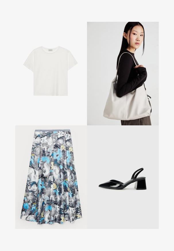 Balta trumpa rankovė T-marškiniai, pagaminti iš minkštos medvilnės. Charakterizuojami apvali kaklo iškirpte ir laisvu siluetu. Švarus dizainas be matomų raštų ar akcentų.; Tory Burch TWILL SKIRT - Maksi sijonas - blue abstract; Juodos lakuotos odinės šlepetės su smailiu pirštu ir geometriniu bloko kulnu. Turi elegantišką, minimalistinį dizainą ir lygų paviršių.; Bežinė rankinė, pagaminta iš minkštos medžiagos, turinti laisvą dizainą, siuvinėtas detalės ir dvi petnešos. Tinkama kasdieniam naudojimui.