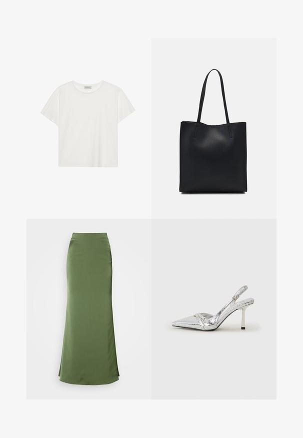 Balts īsām piedurknēm T-krekls, kas izgatavots no mīksta kokvilnas. Tam ir apaļš izgriezums un brīvs piegriezums. Tīrs dizains bez redzamām rakstiem vai akcentiem.; Garšs, pieguļošs svārku komplekts olīvzaļā krāsā, izgatavots no gludas auduma. Iezīmē augstu vidukli un nedaudz paplatinātu apakšdaļu.; Sudraba slingback augstpapēžu kurpe ar norādītu purngalu, metālisku apdari, diviem dekoratīviem siksniņām un plānu papēdi ar melnu galu.; Melnas ādas somiņa ar gludu tekstūru, taisnstūra formu un divām garām rokturiem. Nav redzamu aparatūras vai rotājumu.