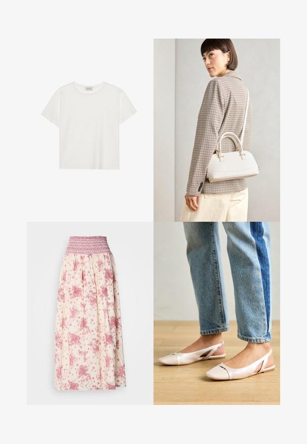 Bílé tričko s krátkým rukávem vyrobené z měkké bavlny. Má kulatý výstřih a volný střih. Čistý design bez viditelných vzorů nebo akcentů.; Maxi sukně v krémové barvě s růžovými květinovými a geometrickými vzory. Má smockovaný pas pro nastavitelné nošení, vyrobena z lehkého materiálu.; Světle růžové slingback baleríny s špičatou špičkou, vyrobené z hladkého koženému materiálu. Obsahují vystřihovací detaily po stranách a plochý podpatek.; Bílá strukturovaná kabelka s krátkými uchy a ramenním popruhem, zdobená zlatými kovovými prvky a texturovaným materiálem, vystavená na šedém pozadí.