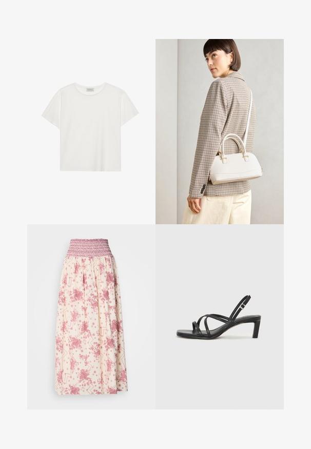 Balta trumpa rankovė T-marškiniai, pagaminti iš minkštos medvilnės. Charakterizuojami apvali kaklo iškirpte ir laisvu siluetu. Švarus dizainas be matomų raštų ar akcentų.; Kreminės spalvos maksi sijonas su rožinėmis gėlių ir geometrinėmis raštais. Sijonas turi smulkintą liemenį, leidžiantį prisitaikyti prie kūno, pagamintas iš lengvos medžiagos.; Juodi šlepetės su kvadratiniu pirštu ir žemu bloku kulnu. Yra keli ploni dirželiai ir reguliuojamas kulkšnies diržas. Pagaminti iš lygios odos.; Balta struktūruota rankinė su trumpomis rankenomis ir peties diržu, su auksinėmis detalėmis ir tekstūruota medžiaga, pastatyta prieš pilką foną.
