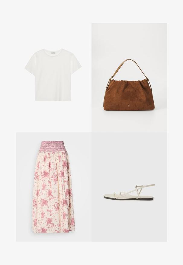 Hvit T-skjorte med kort erm laget av myk bomull. Har rund hals og avslappet passform. Rent design uten synlige mønstre eller aksenter.; Maxiskjørt i kremhvit med rosa blomster- og geometriske mønstre. Har elastisk midje for justerbar passform, laget av lett stoff.; Beige flate sandal med flere slanke stropper og en justerbar spenne. Sålen er flat med en svak mørk kontrast langs kanten.; Brun semsket håndveske med en samlet design, som har en enkelt tan lærrem og en subtil gull logo detalj på forsiden.