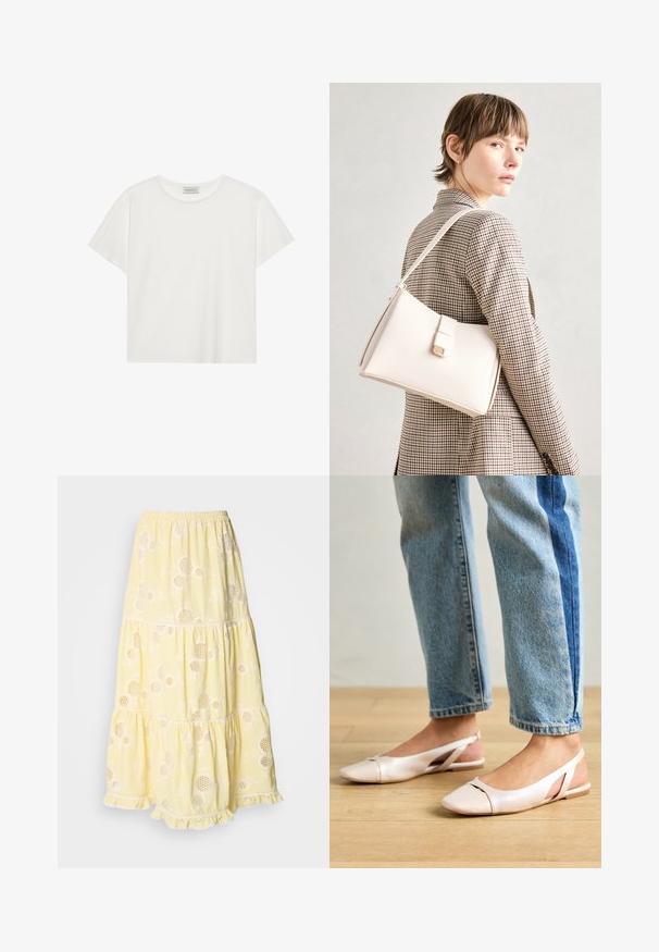 T-shirt blanc à manches courtes en coton doux. Présente un col rond et une coupe décontractée. Design épuré sans motifs ni accents visibles.; Jupe jaune à plusieurs niveaux en tissu léger, ornée de motifs floraux et de découpes circulaires. Taille élastique et bord en dentelle.; Ballerines slingback rose pâle avec un bout pointu, fabriquées en un matériau semblable au cuir lisse. Présentent des découpes sur les côtés et un talon plat.; Sac à main en cuir blanc au design structuré, doté d'un fermoir magnétique et d'une bandoulière, présenté sur un fond neutre.