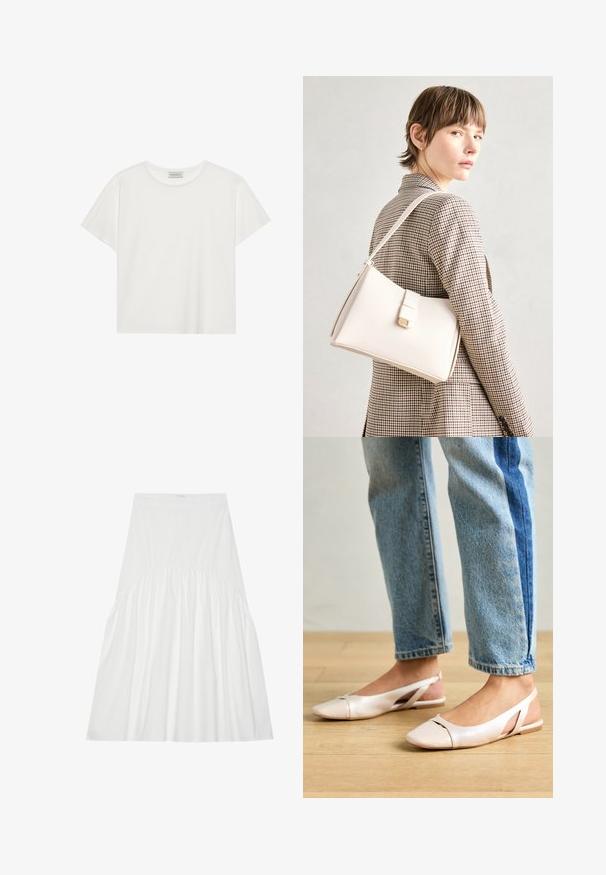 T-shirt blanc à manches courtes en coton doux. Présente un col rond et une coupe décontractée. Design épuré sans motifs ni accents visibles.; Jupe blanche, arrivant au genou, en coton. Présente des détails froncés à la taille, une texture lisse et une silhouette A-line simple et classique.; Ballerines slingback rose pâle avec un bout pointu, fabriquées en un matériau semblable au cuir lisse. Présentent des découpes sur les côtés et un talon plat.; Sac à main en cuir blanc au design structuré, doté d'un fermoir magnétique et d'une bandoulière, présenté sur un fond neutre.