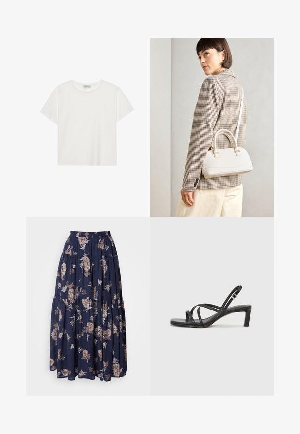 Hvit T-skjorte med kort erm laget av myk bomull. Har rund hals og avslappet passform. Rent design uten synlige mønstre eller aksenter.; Marineblå blomster-maksikjørt laget av lett stoff. Har elastisk midje, lagdelte nivåer og intrikate blomsterdesign i beige og hvitt.; Sorte sandaler med stropper, firkantet tå og lav blokk hæl. Har flere tynne stropper og en justerbar ankelstropp. Laget av glatt lær.; Hvit strukturert håndveske med korte håndtak og skulderreim, med detaljer i gullfinish og teksturert materiale, vist mot en grå bakgrunn.