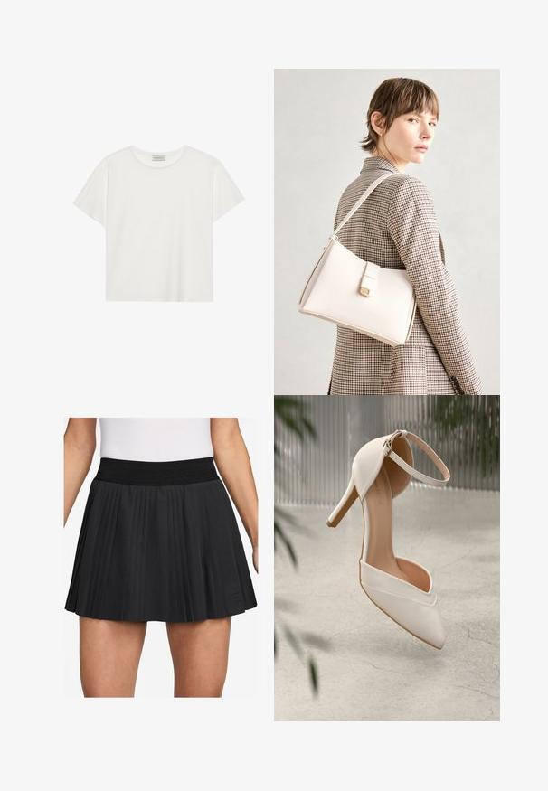 Fehér, rövid ujjú póló, puha pamutból készült. Kerek nyakkivágással és laza szabással rendelkezik. Tiszta dizájn, látható minták vagy díszítések nélkül.; Fekete, pliszírozott szoknya széles, rugalmas derékrésszel. Sima anyagból készült, függőleges redőkkel és egy kis logóval az alján.; Fehér magassarkú cipő sima anyagból, hegyes orral és bokapánttal. Világos bézs belső és aranyszínű hardver díszítés jellemzi.; Fehér bőr táska strukturált dizájnnal, mágneses záródással és vállpánttal, semleges háttér előtt bemutatva.