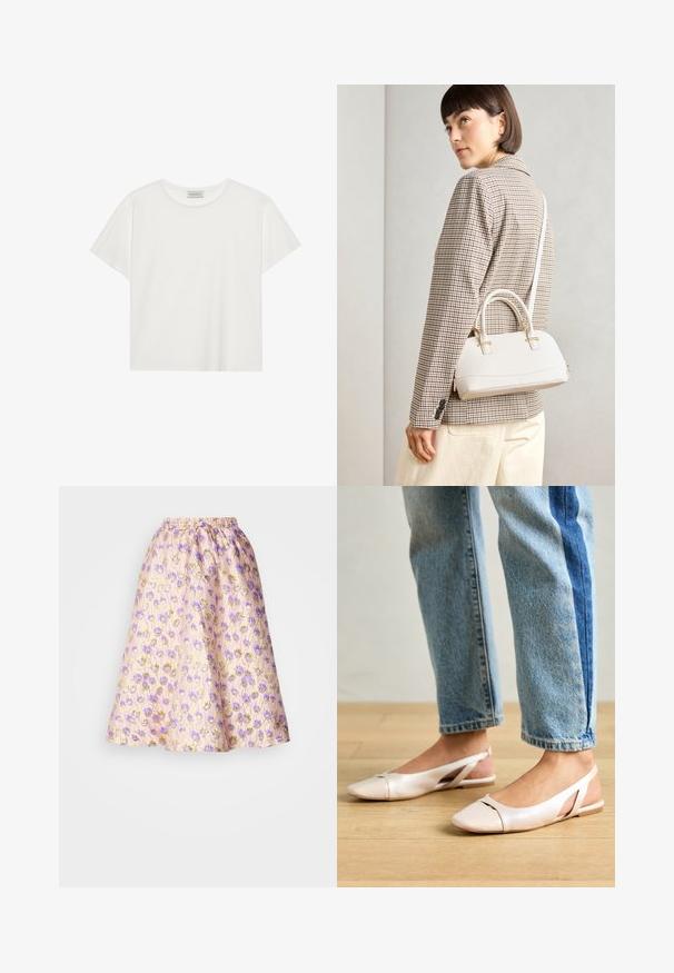 White short-sleeve T-shirt made of soft cotton. Features a round neckline and relaxed fit. Clean design with no visible patterns or accents.; A pastel pink skirt with a floral pattern in purple and gold accents, featuring an elastic waistband and a flared A-line silhouette.; Pale pink slingback flats with a pointed toe, made from a smooth leather-like material. Features cut-out details at the sides and a flat heel.; White structured handbag with short handles and a shoulder strap, featuring gold hardware accents and textured material, displayed against a grey background.