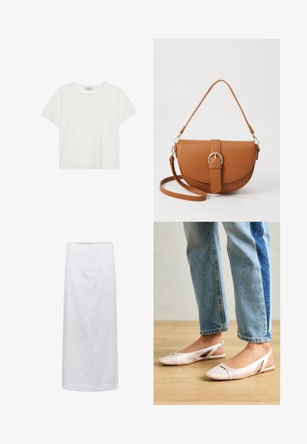 White short-sleeve T-shirt made of soft cotton. Features a round neckline and relaxed fit. Clean design with no visible patterns or accents.; White linen midi skirt with a straight cut, featuring a smooth texture, minimal seams, and a waistband for a tailored fit.; Pale pink slingback flats with a pointed toe, made from a smooth leather-like material. Features cut-out details at the sides and a flat heel.; Brown leather crossbody bag with a curved shape, gold hardware, and a buckle accent. Features a detachable shoulder strap.