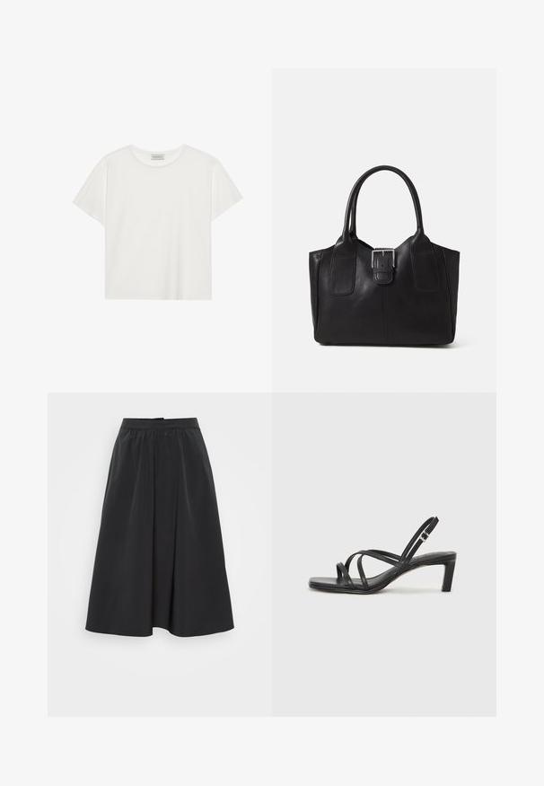 Valkoinen lyhythihainen T-paita, joka on valmistettu pehmeästä puuvillasta. Siinä on pyöreä kaula-aukko ja rento istuvuus. Siisti muotoilu ilman näkyviä kuvioita tai yksityiskohtia.; Musta midi-hame, joka on valmistettu sileästä kankaasta, jossa on rypytetty vyötärö ja hillityt laskokset, luoden virtaavan siluetin.; Mustat hihnalligat, joissa on neliön muotoinen kärki ja matala lohkokorko. Ominaisuuksiin kuuluu useita ohuita hihnoja ja säädettävä nilkkahihna. Valmistettu sileästä nahasta.; Musta nahkainen olkalaukku, jossa on sileä pinta, ryhdikäs muoto, kaksi kahvaa ja silmienpistävä hopeinen solkiyksityiskohta edessä.