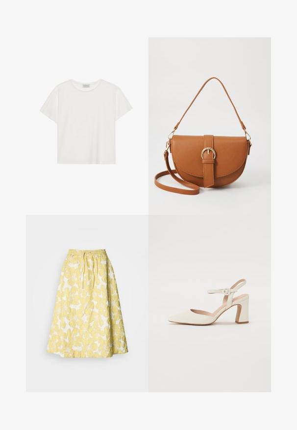 Biała koszulka z krótkim rękawem wykonana z miękkiej bawełny. Posiada okrągły dekolt i luźny krój. Czysty design bez widocznych wzorów czy akcentów.; Żółta spódnica w kwiaty o teksturowanej powierzchni, z zebranym pasem w talii i w kształcie A-line o długości do kolan. Wzory dużych żółtych kwiatów na białym tle.; Czółenka w kolorze kremowym z szpiczastym noskiem i blokowym obcasem. Zawierają cienki pasek na kostkę z okrągłą klamrą oraz gładką skórzaną fakturę.; Brązowa skórzana torba na ramię o zaokrąglonym kształcie, ze złotymi akcentami i zapięciem w formie klamry. Posiada odpinany pasek na ramię.