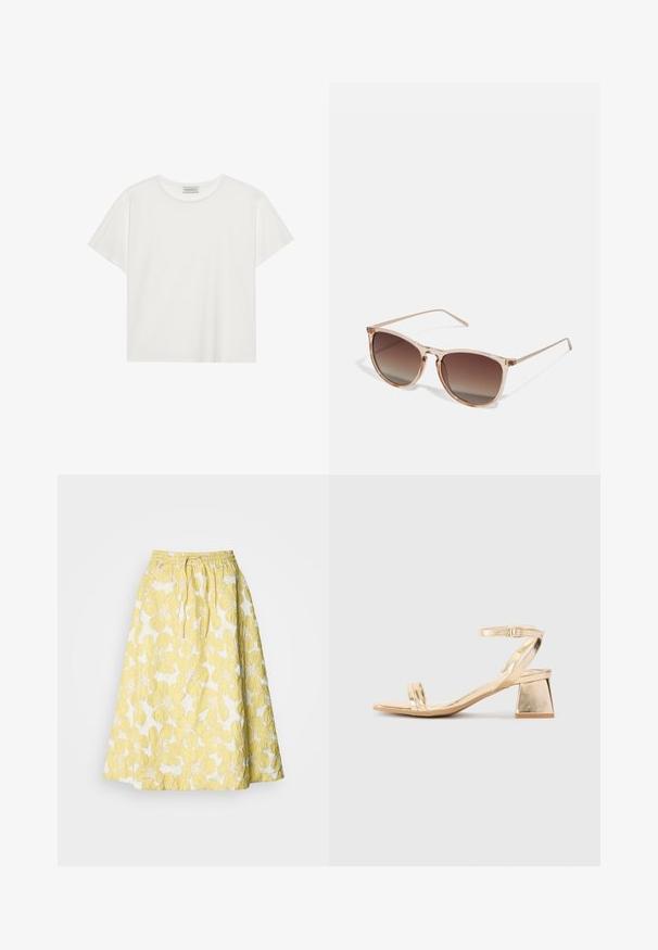 T-shirt branca de manga curta feita de algodão macio. Apresenta um decote redondo e um corte descontraído. Design limpo sem padrões ou detalhes visíveis.; Saia floral amarela com um superfície texturada, apresentando uma cintura franzida e um formato A-line até ao joelho. Padrões de grandes flores amarelas sobre um fundo branco.; Sandalha metálica dourada com um salto em bloco angular, duas tiras sobre o pé e uma tira ajustável no tornozelo. Textura suave.; Óculos de sol com gradiente castanho, com uma armação translúcida rosa, formato quadrado e hastes finas de metal. Apresenta bordas arredondadas e detalhes mínimos.; Bolsa estruturada branca com alças curtas e uma alça de ombro, com detalhes em hardware dourado e material texturizado, exibida contra um fundo cinza.