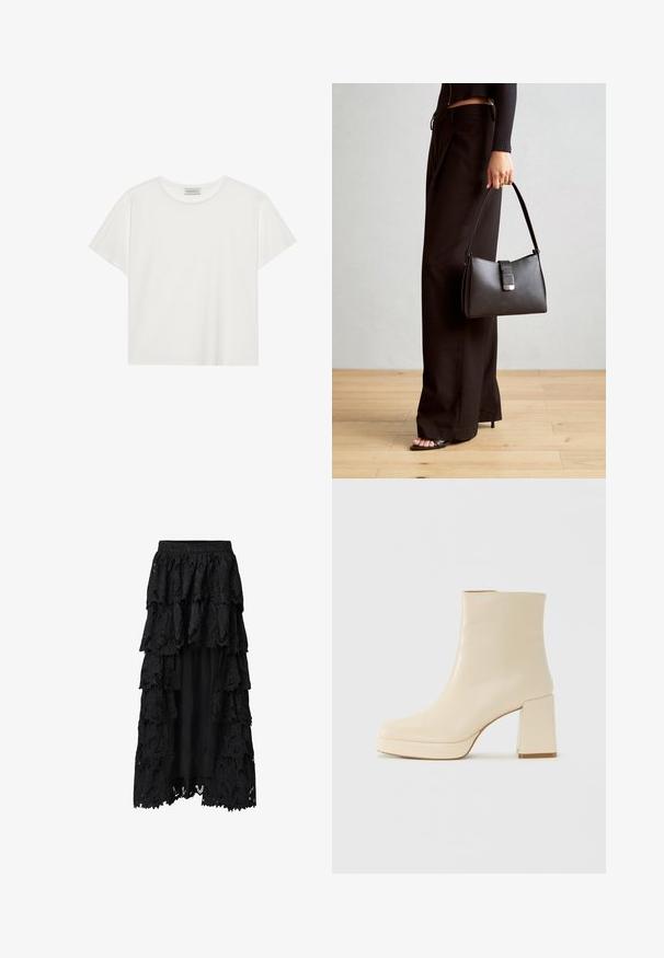 Hvit T-skjorte med kort erm laget av myk bomull. Har rund hals og avslappet passform. Rent design uten synlige mønstre eller aksenter.; Svart lagdelt skjørt laget av blonder og stoff, med flere volanger, intrikate blomstermønstre og et foret indre lag for dekning.; Beige lærankelstøvlett med blokkhæl og plattformsåle, glatt overflate og lett firkantet tå, vendt mot venstre på hvit bakgrunn.; Svart håndveske med strukturert form, jevn tekstur og metallisk lås. Kombinert med brede svarte bukser og sandaler med åpen tå på tregulv.