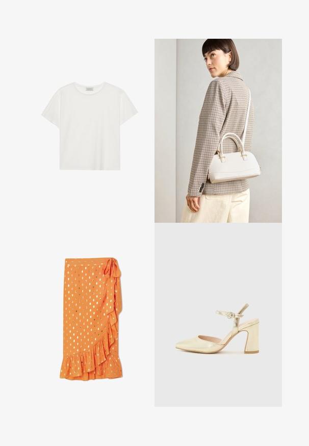 T-shirt blanc à manches courtes en coton doux. Présente un col rond et une coupe décontractée. Design épuré sans motifs ni accents visibles.; Jupe enveloppante orange avec des pois dorés, ourlet en volants et lien sur le côté. Fabriquée en tissu léger, présentant une texture lisse.; Chaussure à talon métallique doré avec un bout pointu, une lanière de cheville dotée d'une boucle circulaire et un design de talon épais. Texture lisse.; Sac à main structuré blanc avec de courtes poignées et une bandoulière, doté de accents en métal doré et d'un matériau texturé, présenté sur un fond gris.