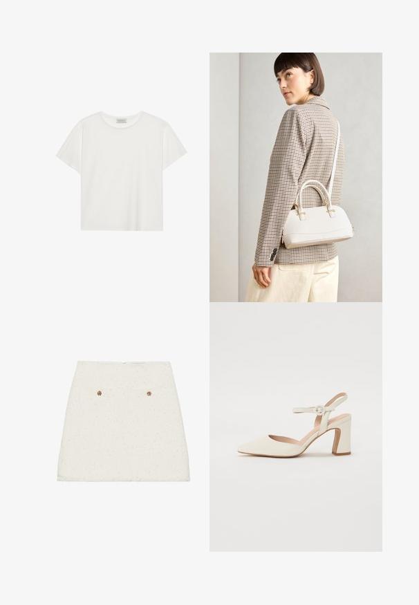 Witte T-shirt met korte mouwen, gemaakt van zachte katoen. Heeft een ronde halslijn en een relaxte pasvorm. Schoon ontwerp zonder zichtbare patronen of accenten.; Witte tweed mini-jurk met een gestructureerde afwerking, met twee achterzakken en gouden knopenaccenten. De zoom is lichtjes uitgerafeld.; Puntige crèmekleurige pump met een blokhak. Voorzien van een dunne enkelband met een ronde gesp en een soepele leren textuur.; Witte gestructureerde handtas met korte handvatten en een schouderband, voorzien van gouden hardwareaccenten en een textuurmateriaal, tentoongesteld tegen een grijze achtergrond.