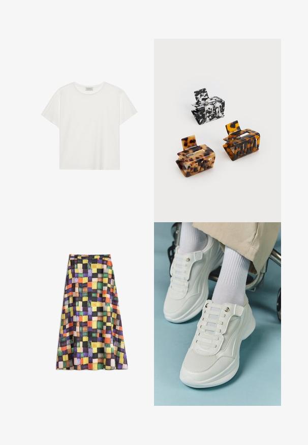 T-shirt blanc à manches courtes en coton doux. Présente un col rond et une coupe décontractée. Design épuré sans motifs ni accents visibles.; Jupe midi colorée avec un motif à carreaux de carrés orange, jaune, vert, violet, noir et beige sur un tissu fluide.; Baskets blanches avec un matériau en maille, semelle en caoutchouc, design sans lacets avec des bandes élastiques et accents dorés.; Trois pinces à cheveux : une marbrée noir et blanc, deux en écaille de tortue dans des nuances de marron et de noir, toutes en plastique brillant avec une finition texturée.