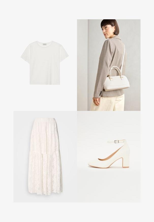 Camiseta blanca de manga corta hecha de suave algodón. Presenta un escote redondo y un corte relajado. Diseño limpio sin patrones o acentos visibles.; Falda maxi blanca de encaje con un diseño en capas, cinturilla elástica y intrincados patrones florales en toda su extensión. Tela ligera y texturizada.; Zapato de tacón alto blanco con punta afilada, tacón cuadrado y correa en el tobillo. Acabado suave con un brillo sutil y forro interior beige.; Bolso estructurado blanco con asas cortas y una correa para el hombro, que presenta detalles en dorado y material texturizado, exhibido sobre un fondo gris.