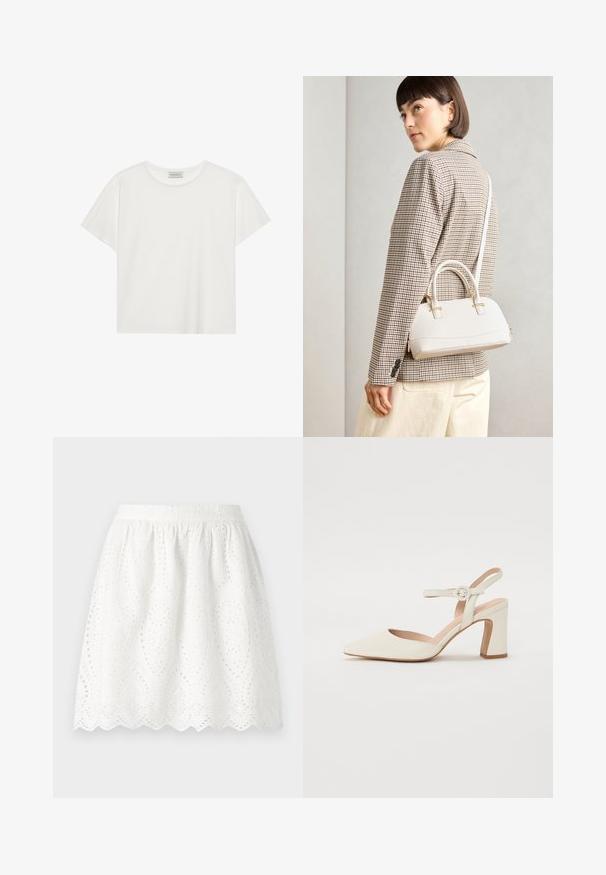 Fehér, rövid ujjú póló, puha pamutból készült. Kerek nyakkivágással és laza szabással rendelkezik. Tiszta dizájn, látható minták vagy díszítések nélkül.; Fehér szemlátomás szoknya hullámos szegéllyel. Ráncolt derékrésszel és bonyolult átszőtt mintákkal rendelkezik az anyagban.; Hegyes orrú, krémszínű magassarkú cipő, tömbsarkúval. Jellemzője egy vékony bokaheveder kerek csattal és sima bőrszerkezet.; Fehér, strukturált kézitáska rövid füllel és vállpánttal, arany színű fém kiegészítőkkel és texturált anyagból, szürke háttér előtt bemutatva.