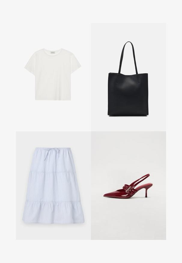 Valge lühikeste varrukatega t-särk, mis on valmistatud pehmest puuvillast. Omab ümmargust kaelust ja mugavat lõiget. Puhtad jooned, ilma nähtavate mustrite või aktsentideta.; Heleheline kihiline seelik valgete vertikaalsete triipudega, elastne vöökoht koos sidumisega, pehme kangas ja volangiga serv.; Punased lakknahast slingback kontsad, millel on terav varvas, kaks luku rihma ja saledat, keskmise kõrgusega stiletto kontsad. Sile tekstuur.; Mustast nahast kott sujuva tekstuuriga, ristkülikukujuline ja kahe pika sangaga. Pole nähtavat riistvara ega kaunistusi.