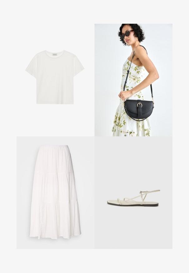 White short-sleeve T-shirt made of soft cotton. Features a round neckline and relaxed fit. Clean design with no visible patterns or accents.; White, tiered midi skirt with a smocked waistband, featuring soft, lightweight fabric and a slightly crinkled texture.; Beige flat sandal with multiple slender straps and an adjustable buckle. The sole is flat with a slight dark contrast at the edge.; Black leather handbag with a curved shape, detachable strap, and gold hardware. The bag features a flap with a buckle detail.