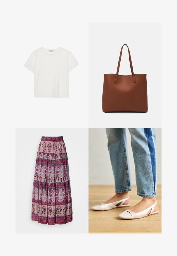 Fehér, rövid ujjú póló, puha pamutból készült. Kerek nyakkivágással és laza szabással rendelkezik. Tiszta dizájn, látható minták vagy díszítések nélkül.; Hosszú, több rétegű szoknya, könnyű anyagból, lila és narancssárga árnyalatokban, bonyolult virág- és geometriai mintákkal az egész felületen.; Világos rózsaszín slingback laposlábú cipők, hegyes orral, sima bőrhatású anyagból készült. Oldalt kivágott részletek találhatók rajta, valamint lapos sarkú.; Barna bőr vászontáska sima textúrával, nyitott tetejű dizájnnal és két vállpánttal. Minimális varrással és látható hardver nélkül készült.; Aranyszínű fém fülbevaló, elegáns, ívelt formával. Különleges hegyes alak, fényes felszín és zsanéros záródás jellemzi.