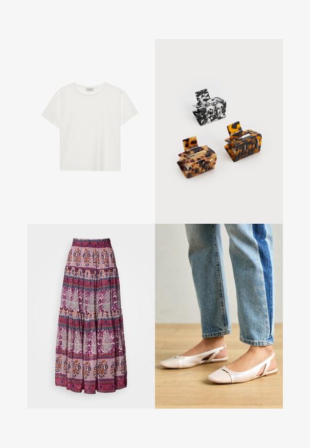 Tricou alb cu mânecă scurtă, made din bumbac moale. Are un guler rotund și o croială lejeră. Design curat, fără modele sau accente vizibile.; Fustă lungă, în mai multe straturi, realizată dintr-un material ușor, în nuanțe de violet și portocaliu, având motive florale și geometrice complicate pe întreaga sa suprafață.; Sandalete plate de un roz pal cu vârf ascuțit, realizate dintr-un material asemănător pielii, neted. Prezintă detalii decupate pe laterale și un toc plat.; Trei agrafe de păr: una cu un model marmorat alb-negru, două tortoiseshell în nuanțe de maro și negru, toate realizate din plastic lucios cu un finisaj texturat.