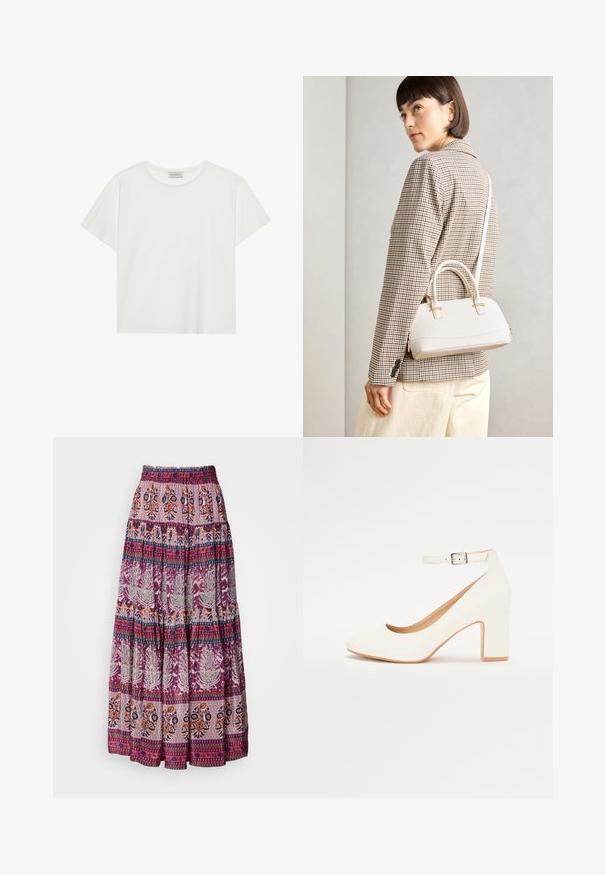 Biele tričko s krátkymi rukávmi vyrobené z jemnej bavlny. Má okrúhly výstrih a voľný strih. Čistý dizajn bez viditeľných vzorov alebo akcentov.; Dlhá, viacvrstvová sukňa vyrobená z ľahkej látky v odtieňoch fialovej a oranžovej, so zložitými kvetinovými a geometrickými vzormi po celom povrchu.; Biele lodičky na vysokom podpätku s špicatou špičkou, blokovým podpätkom a remienkom okolo členka. Hladký povrch s jemným leskom a béžovým vnútorným podšíváním.; Biela štruktúrovaná kabelka s krátkymi rúčkami a ramenným popruhom, s zlatými kovovými prvkami a textúrovaným materiálom, vystavená na šedom pozadí.; Zlaté kruhové náušnice s hladkým, zaobleným dizajnom. Tenké a ľahké, s nepřerušeným okruhom bez akýchkoľvek ozdôb.