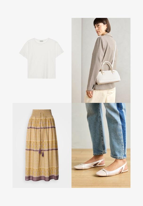 T-shirt branca de manga curta feita de algodão macio. Apresenta um decote redondo e um corte descontraído. Design limpo sem padrões ou detalhes visíveis.; Saia maxi amarela com cintura franzida, padrões florais e geométricos em branco e roxo, apresentando dois pompons roxos na cintura.; Sapatilhas slingback de cor rosa pálido com bico fino, feitas de um material semelhante a couro liso. Apresentam detalhes recortados nas laterais e um salto plano.; Bolsa estruturada branca com alças curtas e uma alça de ombro, com detalhes em hardware dourado e material texturizado, exibida contra um fundo cinza.