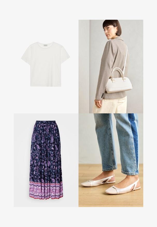 Camiseta blanca de manga corta hecha de suave algodón. Presenta un escote redondo y un corte relajado. Diseño limpio sin patrones o acentos visibles.; Falda maxi en azul marino con elaborado patrón de paisley morado; cinturilla elástica y dobladillo en capas con tejido floral contrastante en la parte inferior.; Bailarinas de color rosa pálido con tiras traseras y punta puntiaguda, fabricadas con un material similar al cuero suave. Presentan detalles recortados en los laterales y un tacón plano.; Bolso estructurado blanco con asas cortas y una correa para el hombro, que presenta detalles en dorado y material texturizado, exhibido sobre un fondo gris.