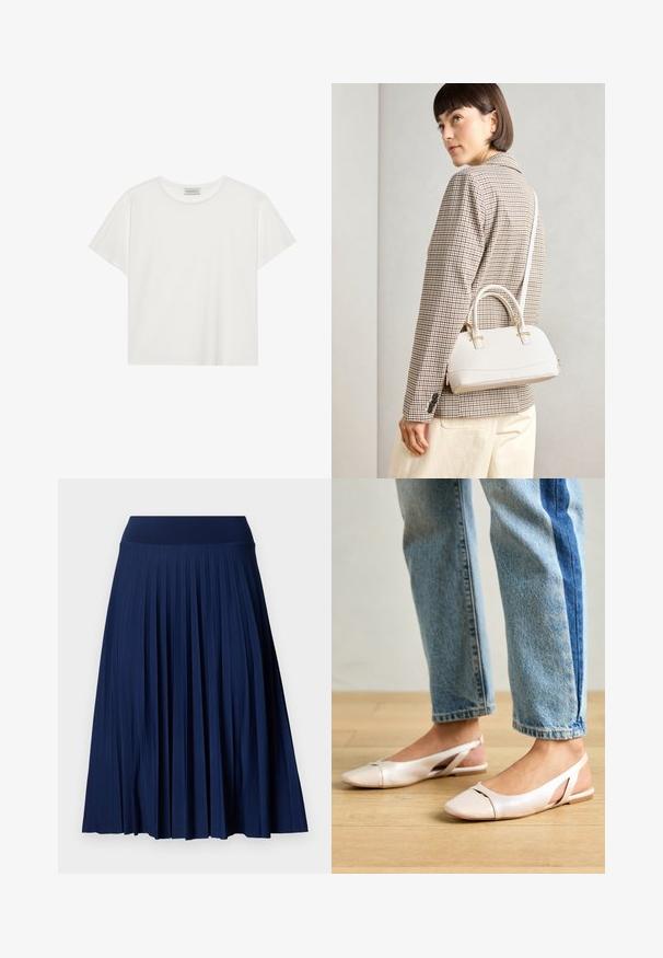 White short-sleeve T-shirt made of soft cotton. Features a round neckline and relaxed fit. Clean design with no visible patterns or accents.; Navy pleated skirt with a wide waistband, made from a smooth fabric. Features vertical pleats and falls to mid-calf length.; Pale pink slingback flats with a pointed toe, made from a smooth leather-like material. Features cut-out details at the sides and a flat heel.; White structured handbag with short handles and a shoulder strap, featuring gold hardware accents and textured material, displayed against a grey background.