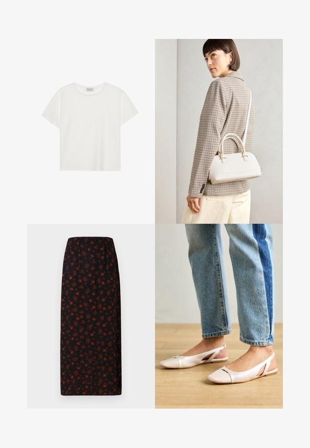 Hvid kortærmet T-shirt lavet af blødt bomuld. Har en rund halsudskæring og en afslappet pasform. Rent design uden synlige mønstre eller accenter.; Sort midi-skjørt med lille rødt blomstermønster, lige snit og elastisk talje.; Lyserøde slingback flade sko med spidse tær, lavet af et glat læderlignende materiale. Har udskæringsdetaljer på siderne og en flad hæl.; Hvid struktureret taske med korte håndtag og en skulderrem, prydet med guldfarvede hardwaredetaljer og tekstureret materiale, præsenteret mod en grå baggrund.