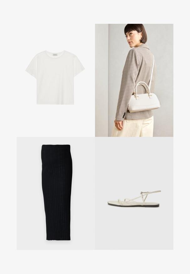 Balta trumpa rankovė T-marškiniai, pagaminti iš minkštos medvilnės. Charakterizuojami apvali kaklo iškirpte ir laisvu siluetu. Švarus dizainas be matomų raštų ar akcentų.; Juodas šonkačiais midi sijonas su prigludusia siluetu, turintis vertikalias linijas tekstūrai. Pagamintas iš tamprios medžiagos patogumui.; Bežiniai plokšti sandalai su keliais lieknais dirželiais ir reguliuojamu užsegimu. Padas plokščias, su lengvu tamsiu kontrastu krašte.; Balta struktūruota rankinė su trumpomis rankenomis ir peties diržu, su auksinėmis detalėmis ir tekstūruota medžiaga, pastatyta prieš pilką foną.