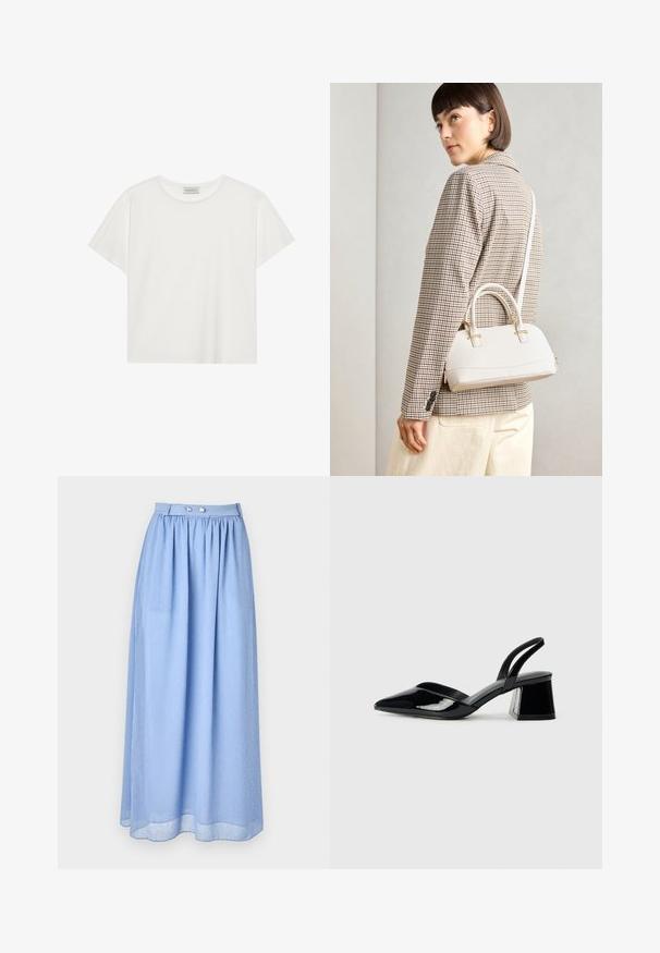 Hvit T-skjorte med kort erm laget av myk bomull. Har rund hals og avslappet passform. Rent design uten synlige mønstre eller aksenter.; Lys blå maxiskjørt laget av gjennomsiktig stoff med rynket midje, med sølvknapper og et subtilt mønster av små hvite prikker.; Svarte patentlær slingback hæler med spiss tå og geometrisk blokk hæl. Har et stilrent, minimalistisk design og jevn tekstur.; Hvit strukturert håndveske med korte håndtak og skulderreim, med detaljer i gullfinish og teksturert materiale, vist mot en grå bakgrunn.